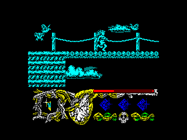 Hundra ZX Spectrum Screenshot: About to cross a bridge (color off mode).