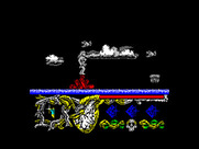 Hundra for ZX Spectrum - This is tricky; jump on the moving objects to cross safely.