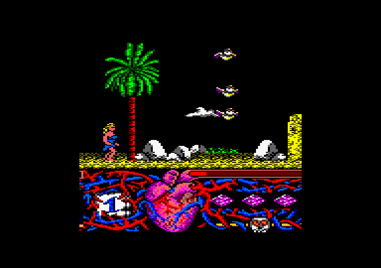 Hundra Amstrad CPC Screenshot: Shoot or avoid flying things, they drain energy...