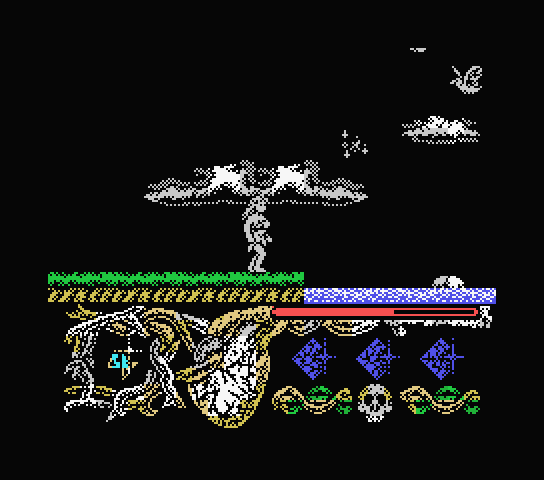 Hundra MSX Screenshot: Jump on the rocks to cross the water.