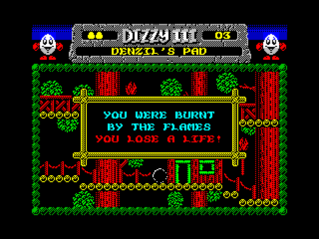 Fantasy World Dizzy ZX Spectrum Screenshot: Burnt! Don't jump into the flames by accident.