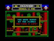 Fantasy World Dizzy for ZX Spectrum - Burnt! Don't jump into the flames by accident.