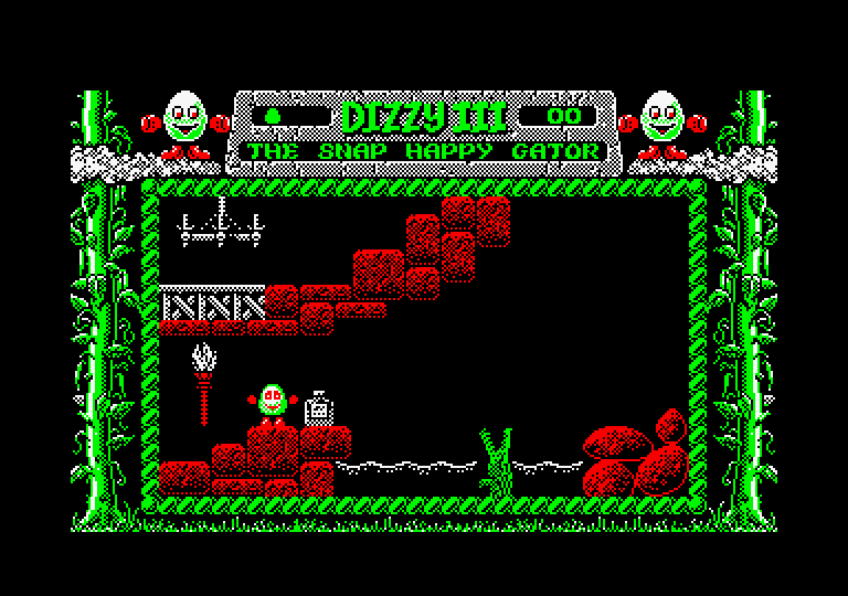 Fantasy World Dizzy Amstrad CPC Screenshot: Time your jump carefully to get past The Snap Happy Gator.