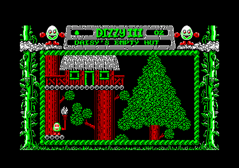 Fantasy World Dizzy Amstrad CPC Screenshot: Jumping my way into the trees...