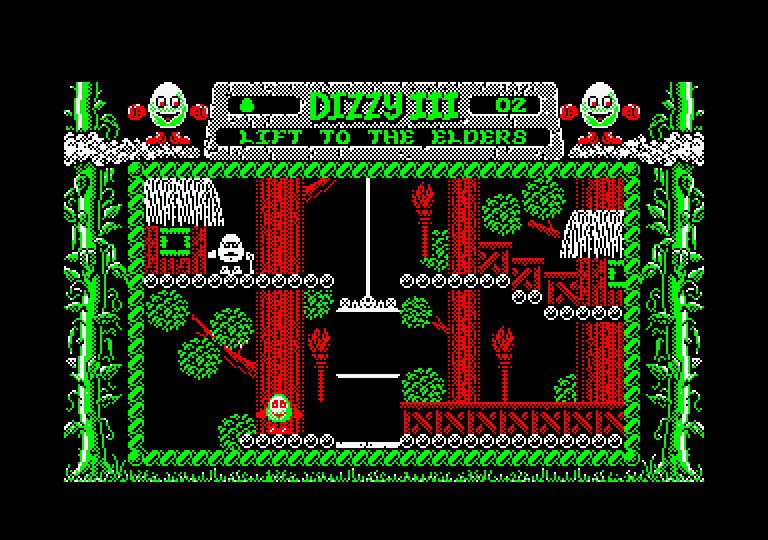 Fantasy World Dizzy Amstrad CPC Screenshot: An elevator helps you reach new platforms here.