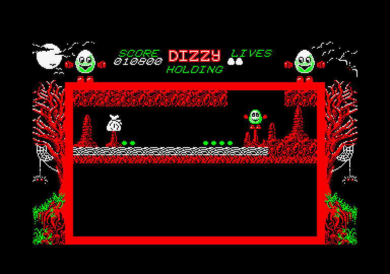 Dizzy: The Ultimate Cartoon Adventure Amstrad CPC Screenshot: Looks like a bag of gold...if I can reach it!