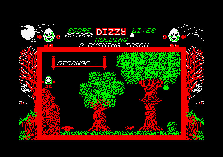 Dizzy: The Ultimate Cartoon Adventure Amstrad CPC Screenshot: Strange...beware of the spiders!