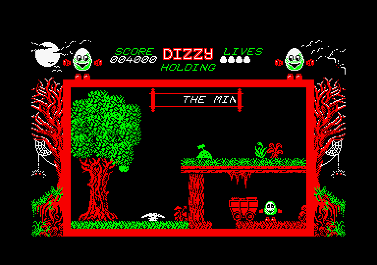 Dizzy: The Ultimate Cartoon Adventure Amstrad CPC Screenshot: A mine cart blocks the path at the moment.
