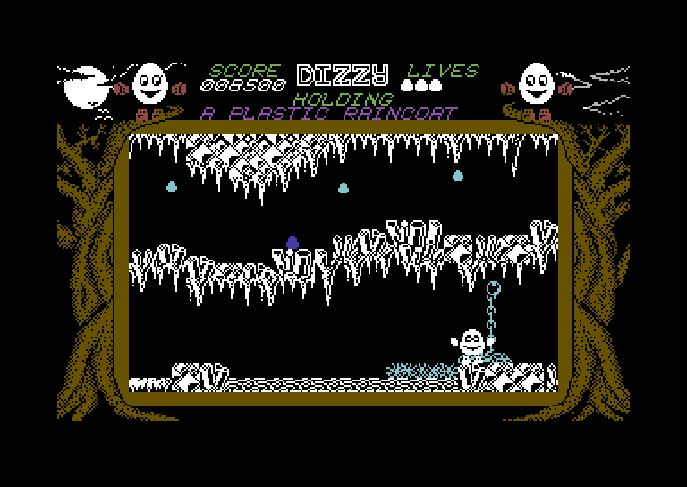 Dizzy: The Ultimate Cartoon Adventure Commodore 64 Screenshot: I don't see a way across this river, not yet at least...