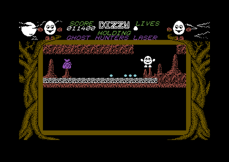 Dizzy: The Ultimate Cartoon Adventure Commodore 64 Screenshot: The walkway here appears and disappears, be careful!