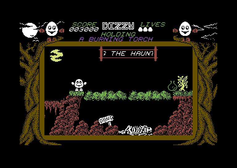 Dizzy: The Ultimate Cartoon Adventure Commodore 64 Screenshot: A danger sign...is this bridge safe?