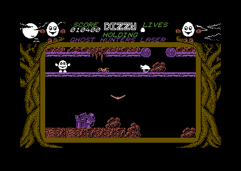 Dizzy: The Ultimate Cartoon Adventure Commodore 64 Screenshot: A spider blocks the path on this platform.