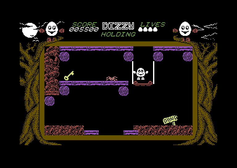 Dizzy: The Ultimate Cartoon Adventure Commodore 64 Screenshot: The platform lowers...and I found a key!