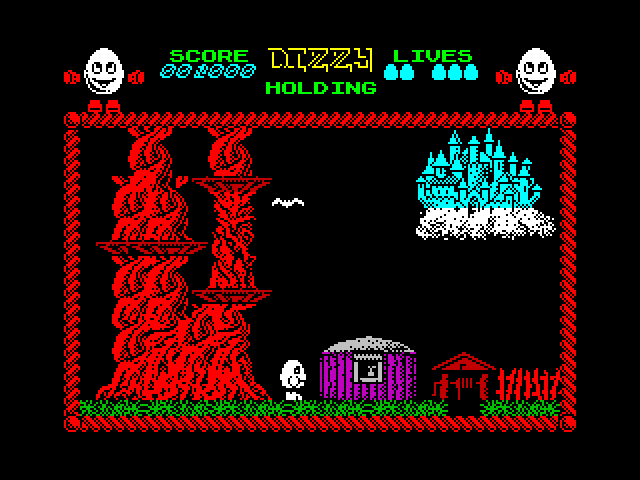 Dizzy: The Ultimate Cartoon Adventure ZX Spectrum Screenshot: A castle in the distance...