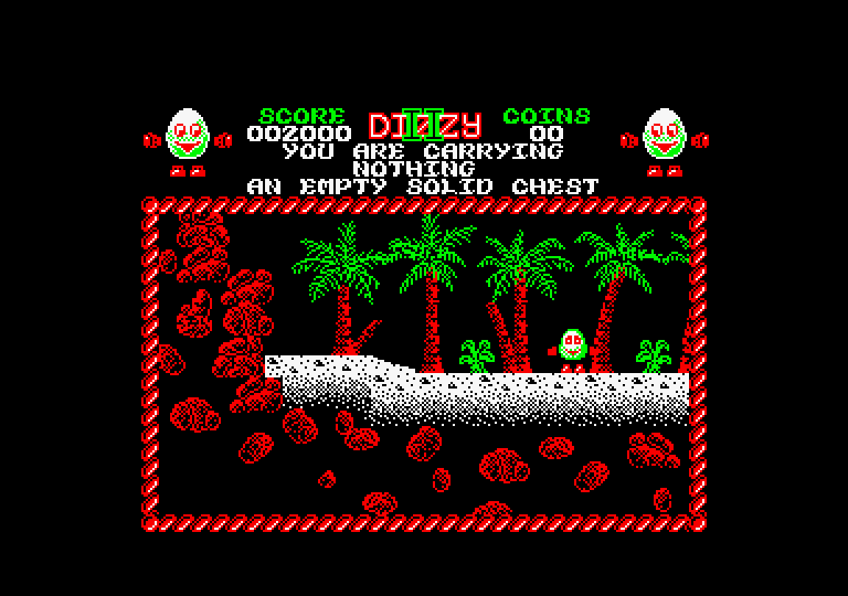 Treasure Island Dizzy Amstrad CPC Screenshot: I found an empty solid chest...
