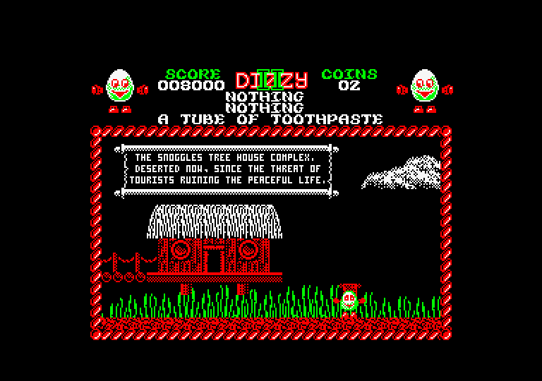Treasure Island Dizzy Amstrad CPC Screenshot: Outside a treehouse.