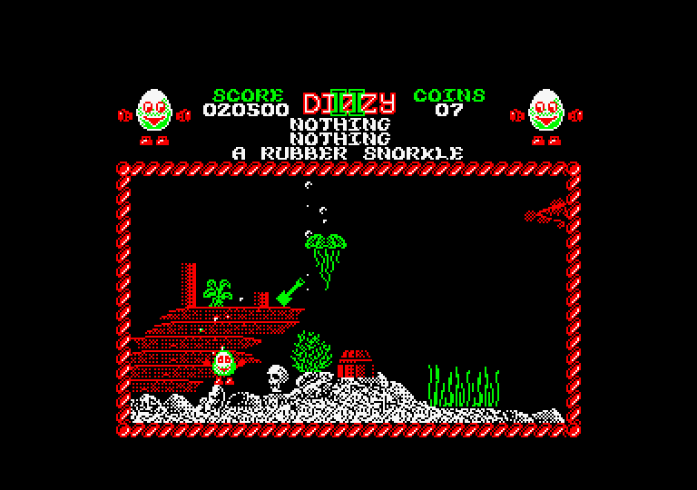 Treasure Island Dizzy Amstrad CPC Screenshot: Being underwater is dangerous...