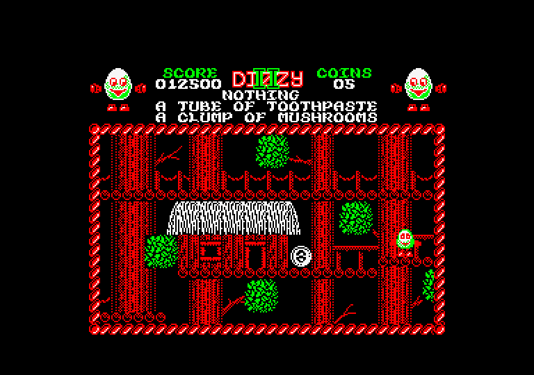 Treasure Island Dizzy Amstrad CPC Screenshot: There's lots of platforms and houses up in the trees.