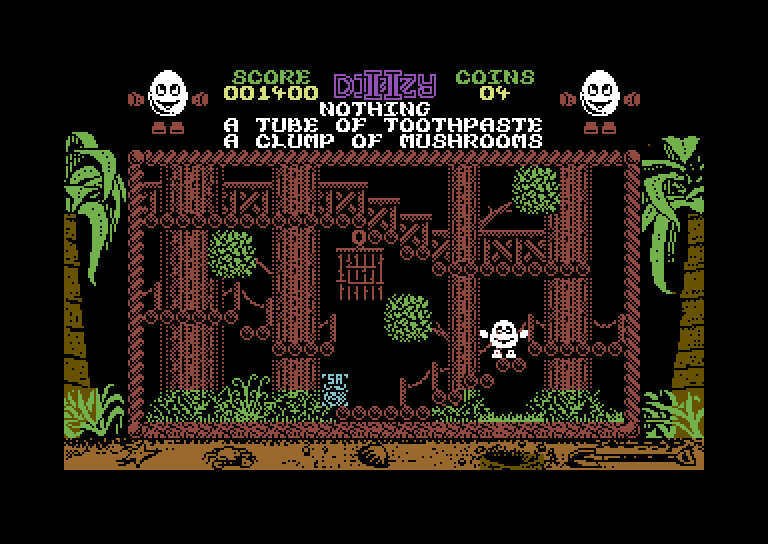 Treasure Island Dizzy Commodore 64 Screenshot: Watch out for those cages; if you're caught, it's game over.