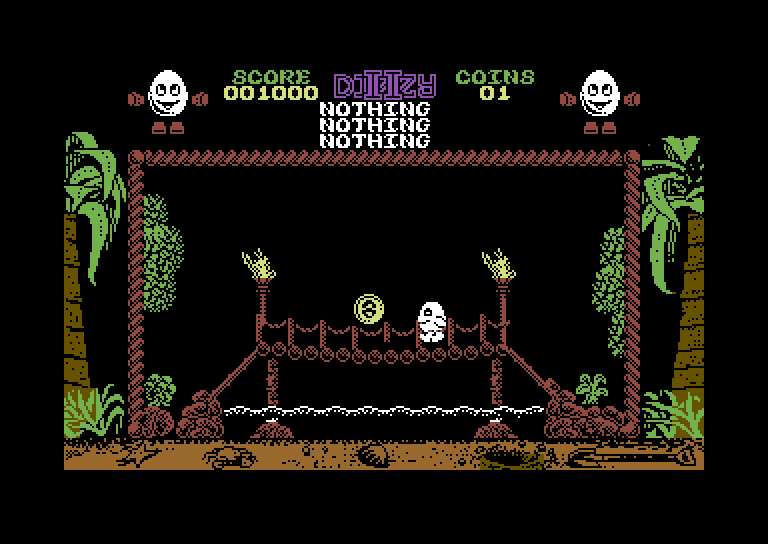 Treasure Island Dizzy Commodore 64 Screenshot: Crossing a bridge to collect another coin.