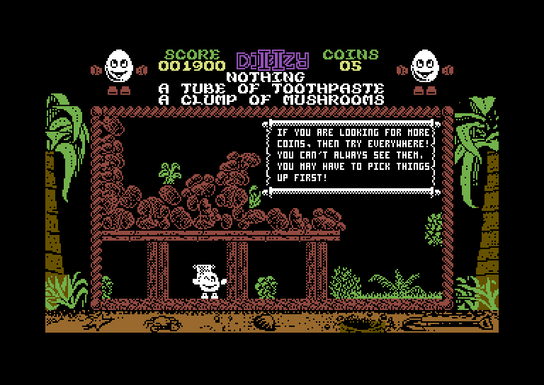 Treasure Island Dizzy Commodore 64 Screenshot: A hint about collecting coins.