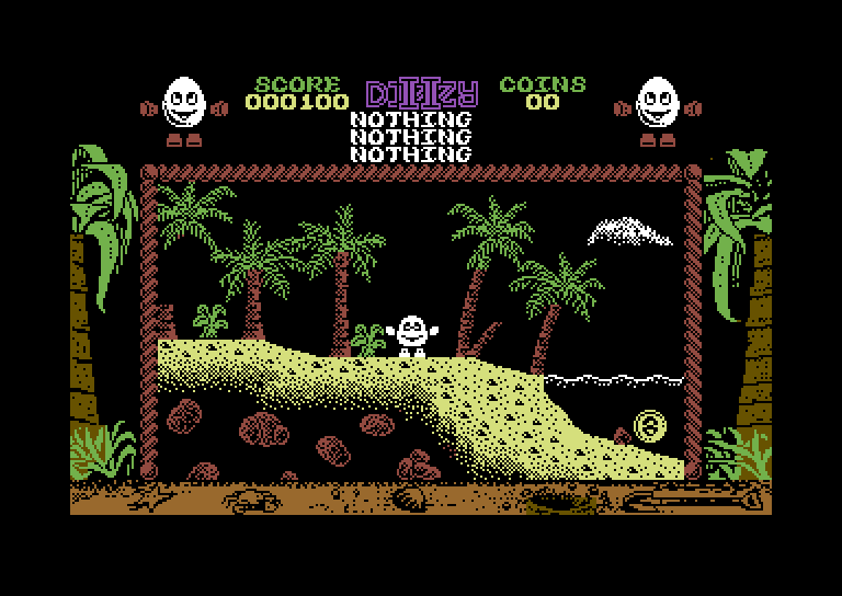 Treasure Island Dizzy Commodore 64 Screenshot: The game starts on this beach.