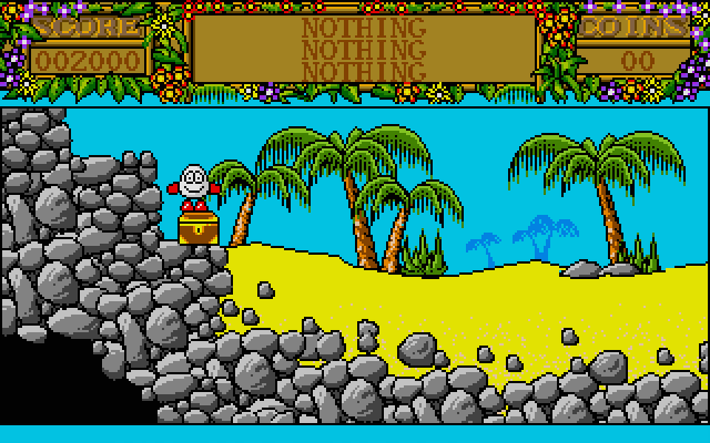 Treasure Island Dizzy Atari ST Screenshot: Standing on a chest to reach new heights.