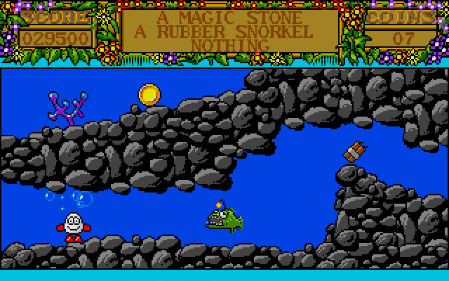 Treasure Island Dizzy Atari ST Screenshot: That incoming fish isn't friendly!