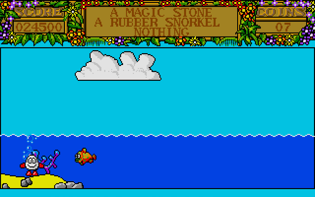 Treasure Island Dizzy Atari ST Screenshot: Dizzy can swim once the snorkel is acquired.