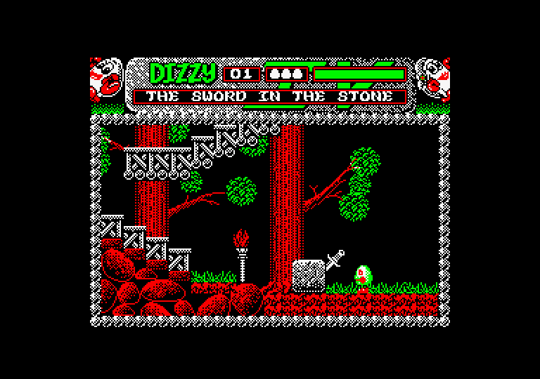 Magicland Dizzy Amstrad CPC Screenshot: The sword in the stone.