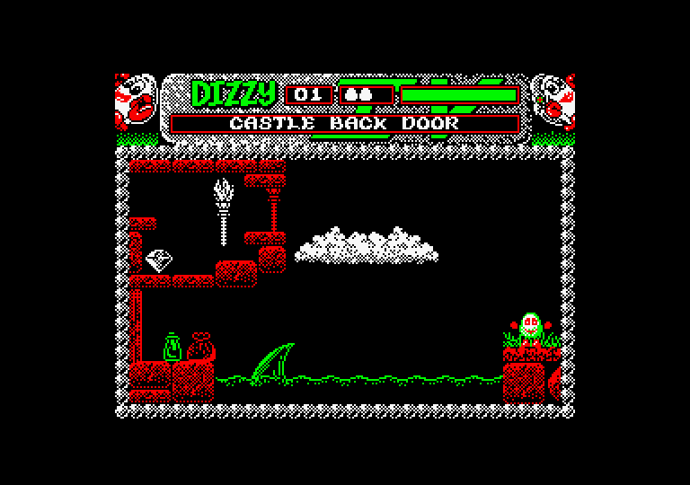 Magicland Dizzy Amstrad CPC Screenshot: The shark looks scary, but you can jump on it to cross the water.