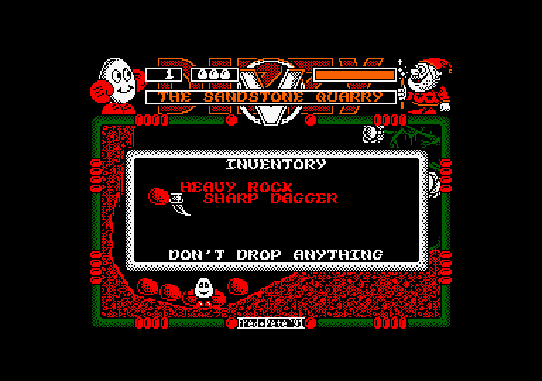 Spellbound Dizzy Amstrad CPC Screenshot: Picking up some heavy rocks.