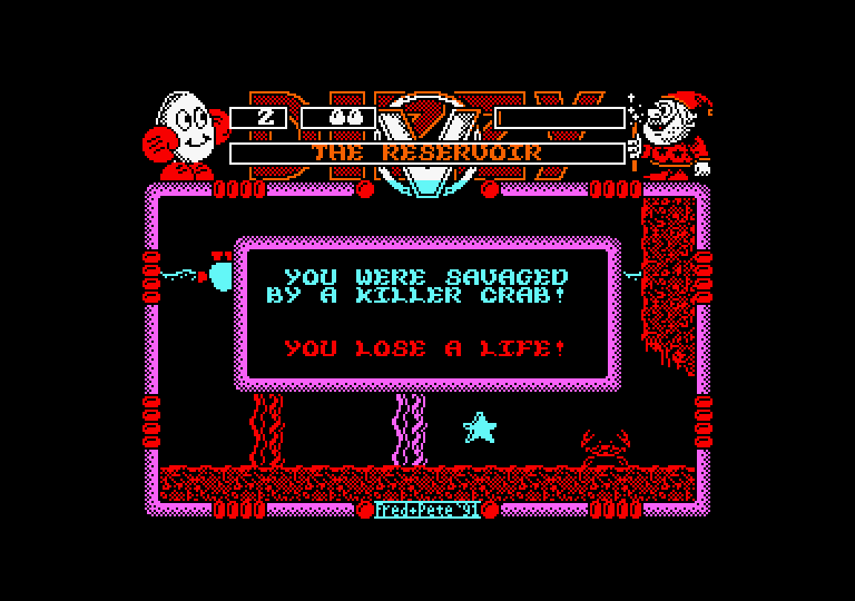 Spellbound Dizzy Amstrad CPC Screenshot: A killer crab got me!