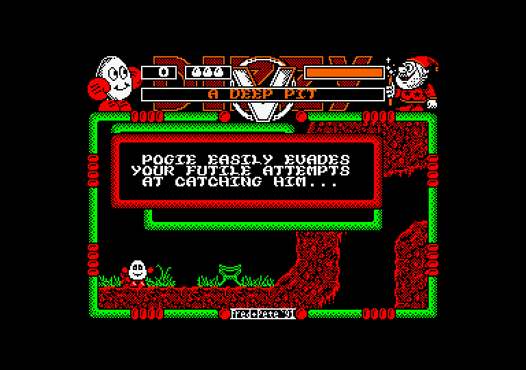 Spellbound Dizzy Amstrad CPC Screenshot: Attempting to catch Pogie didn't work out...