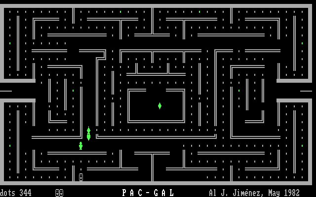 Pac-Gal IBM PC/Compatibles Screenshot: You are temporarily safe after eating a green dot.