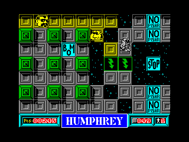 Humphrey ZX Spectrum Screenshot: Jump over gaps and obstacles to reach some tiles...
