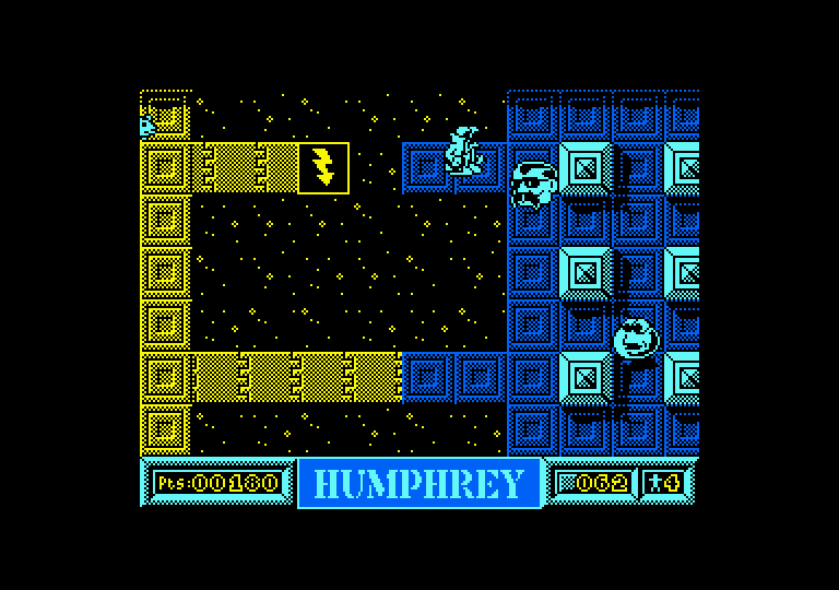 Humphrey Amstrad CPC Screenshot: Jump over gaps to reach new areas.