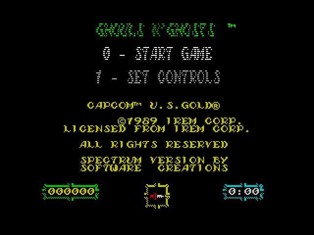 Ghouls 'N Ghosts ZX Spectrum Screenshot: Title screen and main menu.