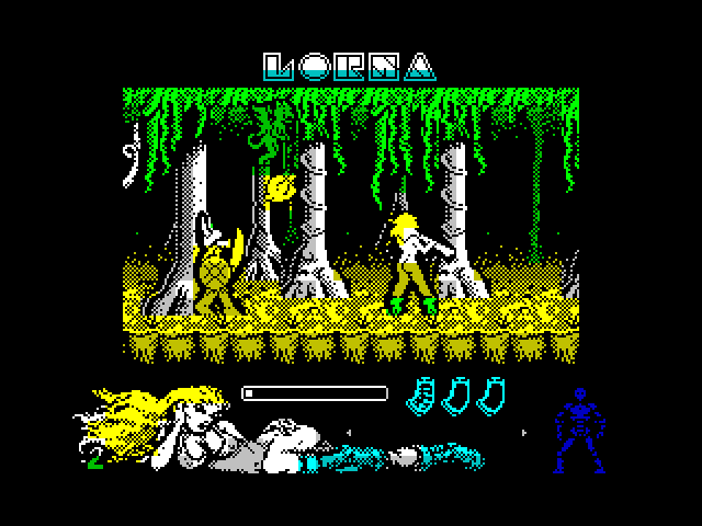 Lorna ZX Spectrum Screenshot: One enemy knocked down, but watch out from behind!