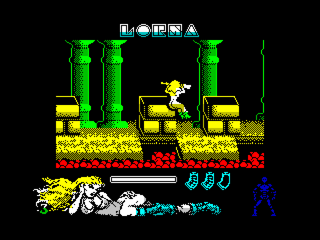 Lorna ZX Spectrum Screenshot: Jumping over a gap...