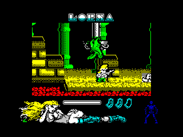 Lorna ZX Spectrum Screenshot: Ducking under a flying creature...