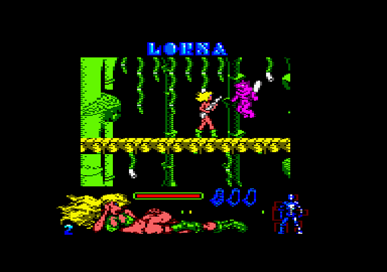Lorna Amstrad CPC Screenshot: These purple creatures jump at you, watch out!