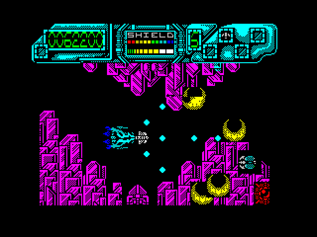 Darius+ ZX Spectrum Screenshot: Destroying enemies with three-way fire!