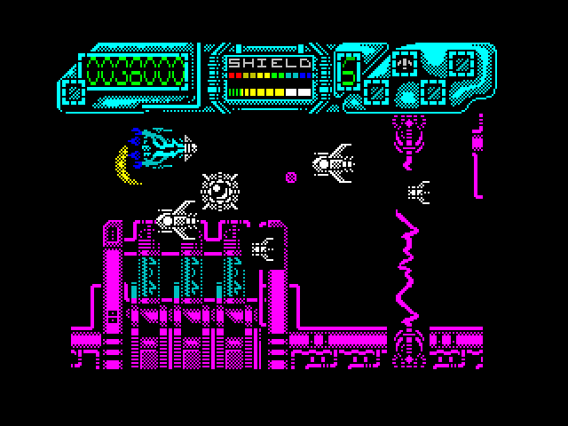 Darius+ ZX Spectrum Screenshot: Shoot the barrier before you run out of room!
