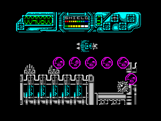 Darius+ ZX Spectrum Screenshot: A wave of enemies flies by...