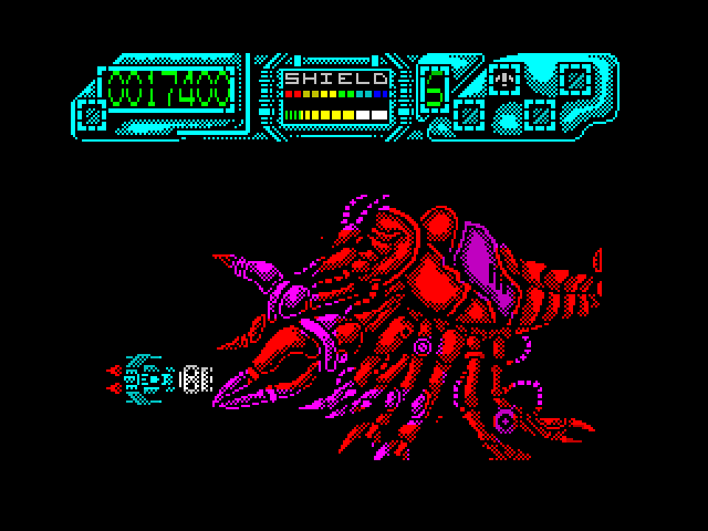 Darius+ ZX Spectrum Screenshot: Fighting a giant lobster...