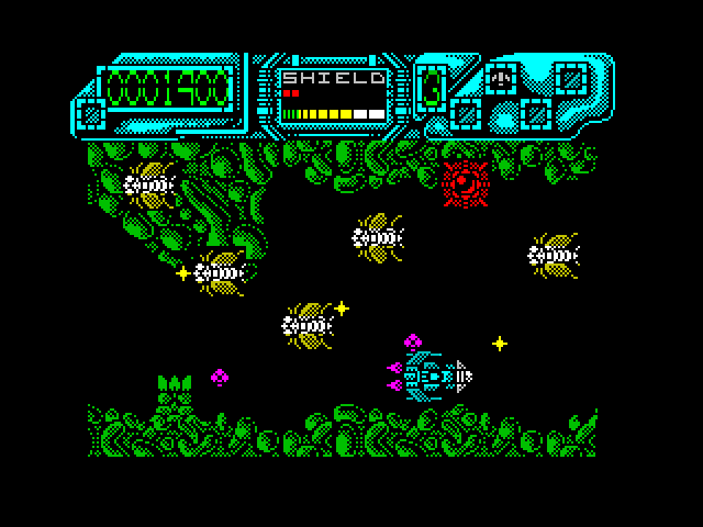 Darius+ ZX Spectrum Screenshot: Collect the red sphere to power up your weapons.