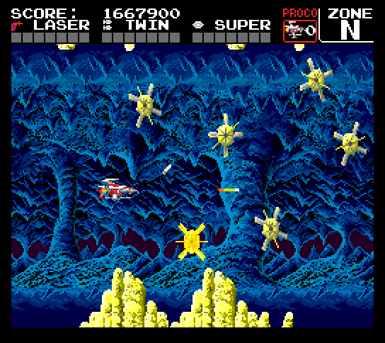 Darius+ TurboGrafx-16 / PC Engine Screenshot: These things move making navigating through here tricky.