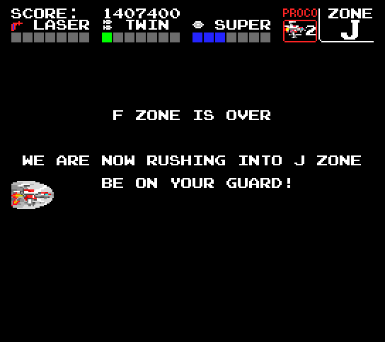 Darius+ TurboGrafx-16 / PC Engine Screenshot: We are now rushing into "J" zone...be on your guard!