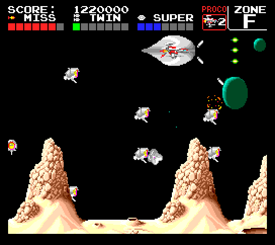 Darius+ TurboGrafx-16 / PC Engine Screenshot: The silver shields provides slightly more protection than the green one.